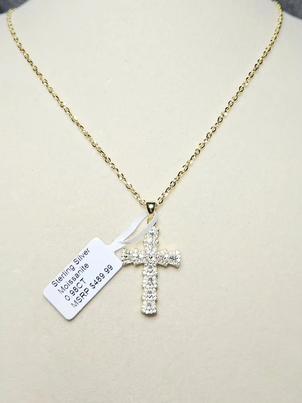 NWT Sterling Silver Moissanite Cross Pendant Necklace 0.98CT Gold Tone